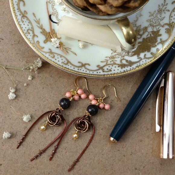 Copper and Gold Fantasy Folk Dangle Earring - Picture 3 of 5